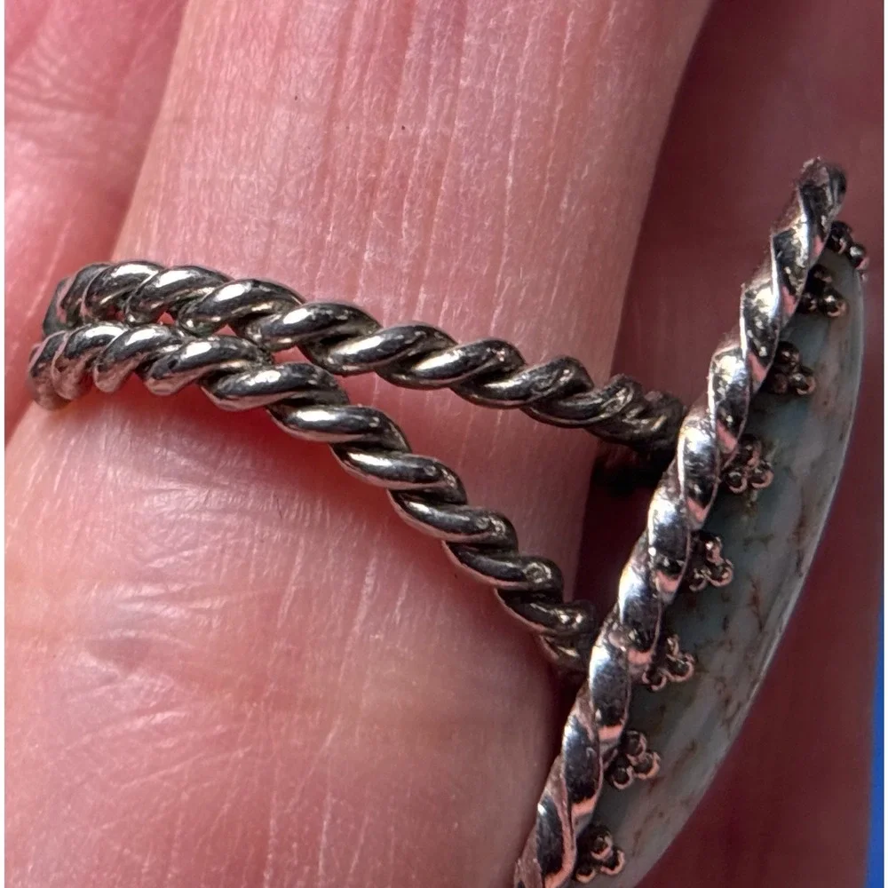 Vintage Silver Tone Oval Turquoise Adjustable Ring Rope Twist Design W‎ Germany